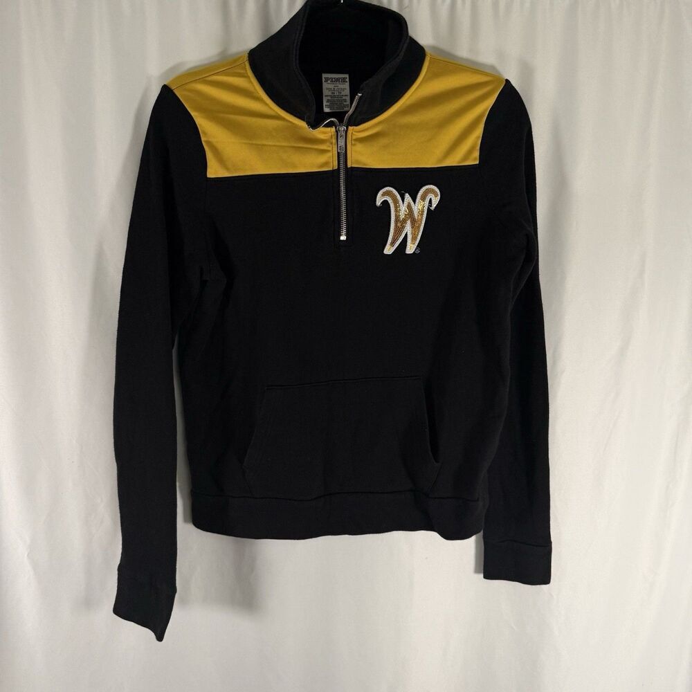 Wichita State Shockers Pink Sweater Womens XS Black Yell 1/4 Zip Victoria Secret